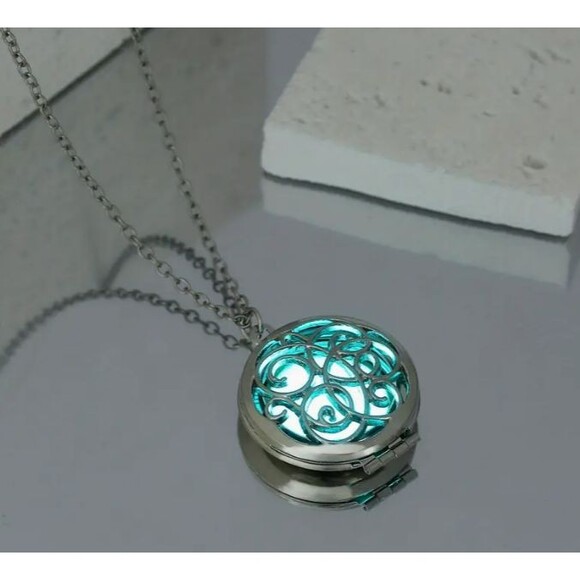 Round Swirls Silver Blue Glow LOCKET Necklace - Picture 1 of 3